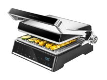 Piastra grill elettrica Rock'nGrill Smart, 2000 W di potenza, sistema di regolazione di tempo e temperatura, apertura 180º, piastre estraibili lavabili in lavastoviglie, vaschetta di raccolta grasso