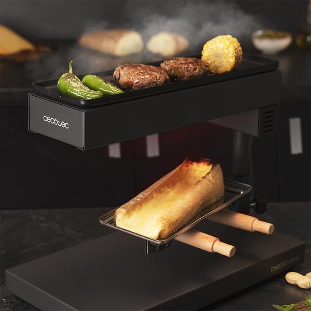 Cheese&Grill 6000 Black. Raclette  con Potencia 600W, Función Grill, Acabado Acero INOX, Termostato Regulable, 2 espátulas de Madera, Parrilla Superior Antiadherente