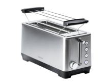 Grille-pain BigToast Extra Double. 1600 W de puissance, 2 fentes extra-larges, acier inoxydable, 4 fonctions préconfigurées, 6 niveaux de puissance et baguettes supérieures pour réchauffer les aliments.