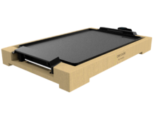 Plancha électrique Tasty&Grill 2000 Bamboo. 2000 W de puissance, structure en bambou, thermostat ajustable, surface plate et revêtement en aluminium fondu. Convient pour un nettoyage au lave-vaisselle.