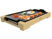 Plancha électrique Tasty&Grill 2000 Bamboo. 2000 W de puissance, structure en bambou, thermostat ajustable, surface plate et revêtement en aluminium fondu. Convient pour un nettoyage au lave-vaisselle.