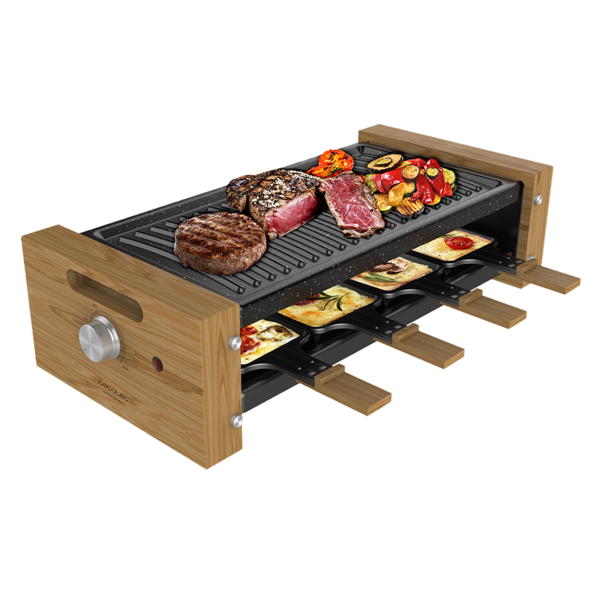 Raclette de madera Cheese&Grill 8200 Wood Black. 1200 W, Superficie Grill, 8 Sartenes individuales, Placa antiadherente, Termostato regulable, Diseño extraíble