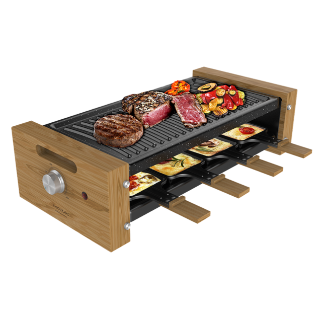 Cheese&Grill 8200 Wood Black. Raclette de madera con 1200 W, Superficie Grill, 8 Sartenes individuales, Placa antiadherente, Termostato regulable, Diseño extraíble