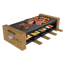 Cheese&Grill 8200 Wood Black. Raclette de madeira com 1200 W, Superfície Grill, 8 frigideiras individuais, Placa antiaderente, Termóstato ajustável, Design amovível