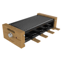 Cheese&Grill 8200 Wood Black. Raclette de madera con 1200 W, Superficie Grill, 8 Sartenes individuales, Placa antiadherente, Termostato regulable, Diseño extraíble