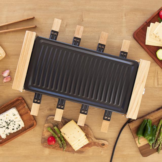 Cheese&Grill 8200 Wood Black. Raclette de madera con 1200 W, Superficie Grill, 8 Sartenes individuales, Placa antiadherente, Termostato regulable, Diseño extraíble