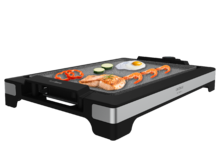 Plancha électrique Tasty&Grill 2000 InoxStone. 2000 W, plaque anti-adhésive RockStone, thermostat réglable, 5 niveaux de puissance, plaque amovible. Convient pour un nettoyage au lave-vaisselle.