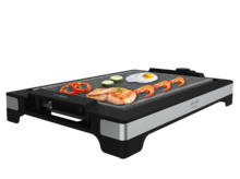 Plancha électrique Tasty&Grill 2000 Inox LineStone. 2000 W de puissance, finition en acier inoxydable, thermostat réglable, surface gril et revêtement RockStone. Convient pour un nettoyage au lave-vaisselle.