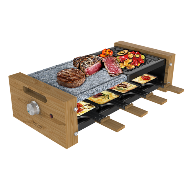 Cheese&Grill 8400 Wood MixGrill. Raclette com Potência 1200 W, Grelha mista e superfície da chapa, Termóstato ajustável, 8 frigideiras individuais, Desenho amovível