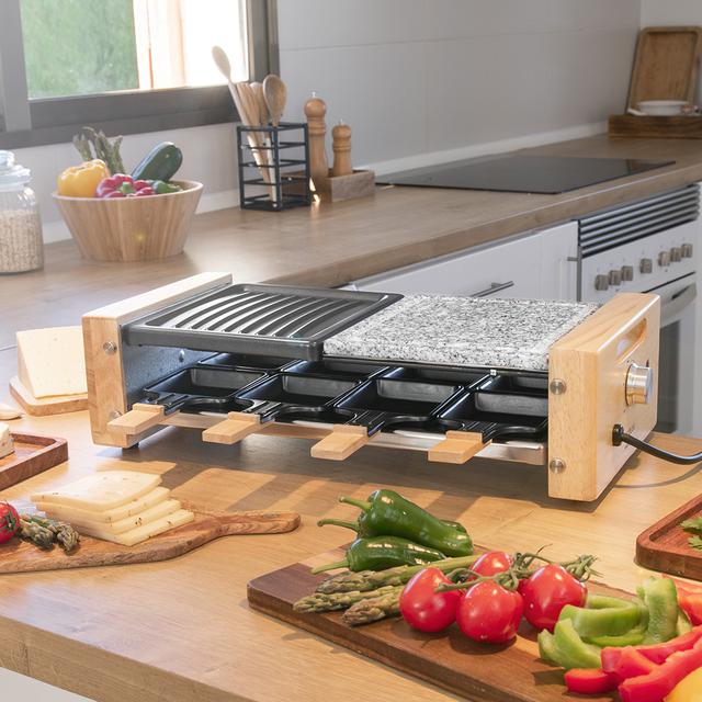 Raclette Grill 8400 Wood MixGrill. Puissance 1200 W, Surface mixte gril et plancha, Thermostat réglable, 8 poêles individuels, Design amovible