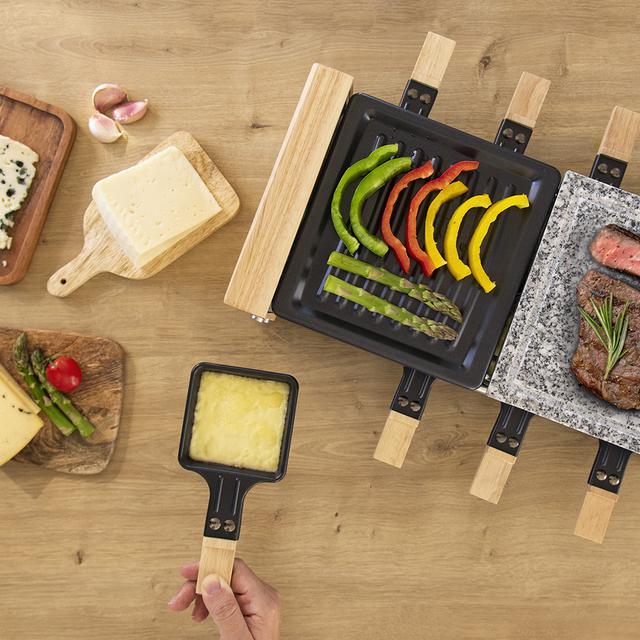 Raclette Grill 8400 Wood MixGrill. Potenza 1200 W, Superficie mista grill e piastra, Termostato regolabile, 8 padelle individuali, Design rimovibile