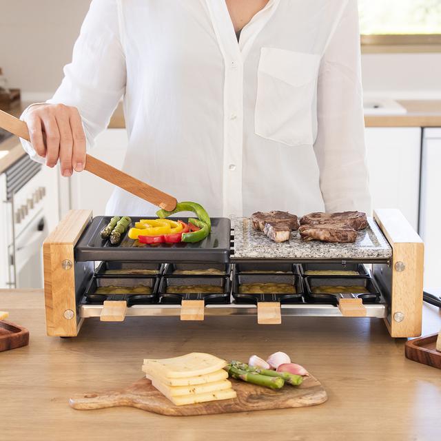 Raclette Grill 8400 Wood MixGrill. Potenza 1200 W, Superficie mista grill e piastra, Termostato regolabile, 8 padelle individuali, Design rimovibile