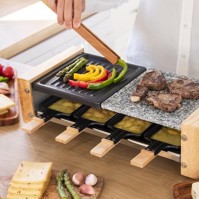 Raclette Grill 8400 Wood MixGrill. Potenza 1200 W, Superficie mista grill e piastra, Termostato regolabile, 8 padelle individuali, Design rimovibile