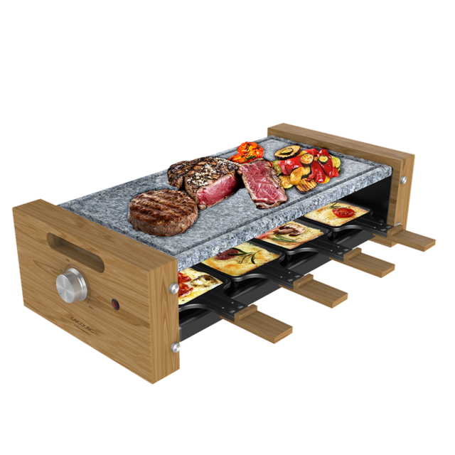 Raclette Cheese&Grill 8600 Wood AllStone. 1200 W de puissance, surface en pierre naturelle, 8 coupelles individuelles, thermostat, design amovible