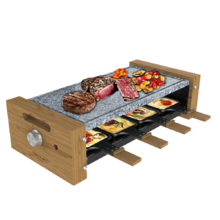 Raclette Cheese&Grill 8600 Wood AllStone. Potencia 1200 W, Placa piedra natural, 8 sartenes individuales, Termostato regulable, Diseño extraíble