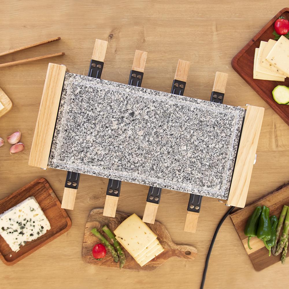 Raclette Cheese&Grill 8600 Wood AllStone. Potencia 1200 W, Placa piedra natural, 8 sartenes individuales, Termostato regulable, Diseño extraíble