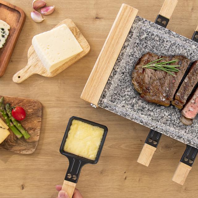 Raclette Cheese&Grill 8600 Wood AllStone. Potencia 1200 W, Placa piedra natural, 8 sartenes individuales, Termostato regulable, Diseño extraíble