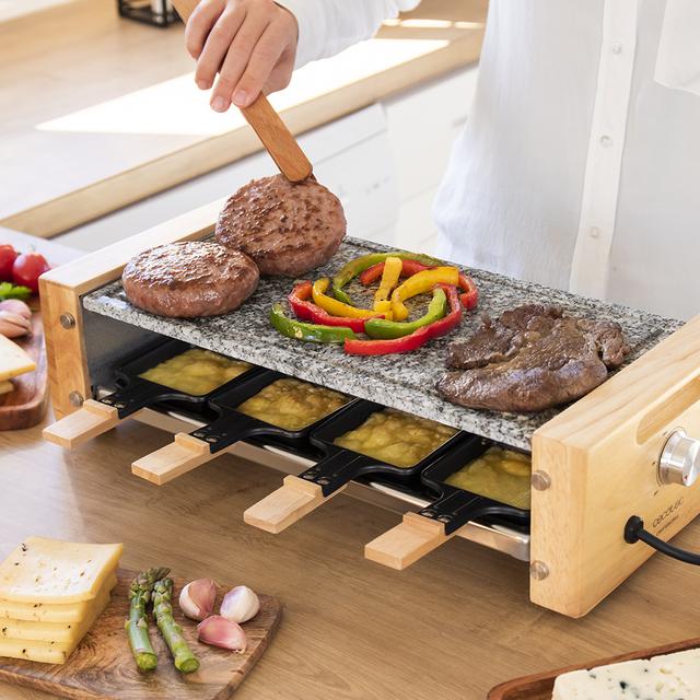 Raclette Cheese&Grill 8600 Wood AllStone. Potencia 1200 W, Placa piedra natural, 8 sartenes individuales, Termostato regulable, Diseño extraíble