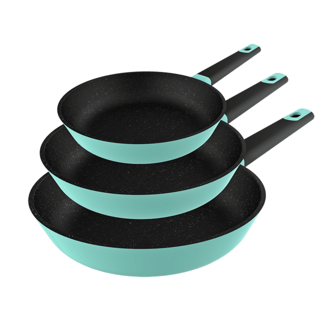 Set de poêles Polka Experience 20-24-28 Bucket Set Shark. 20, 24 et 28 cm de diamètre, aluminium fondu, revêtement antiadhésif, conviennent pour toutes les cuisinières et pour un nettoyage au lave-vaisselle. Couleur verte.