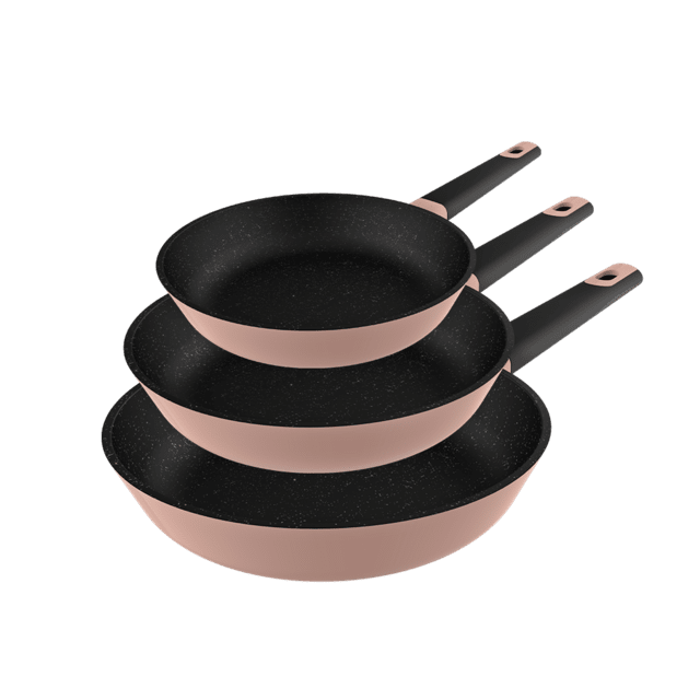 Set de poêles Polka Experience 18-22-26 Bucket Set Gravity 18, 22 et 26 cm de diamètre, aluminium fondu, revêtement antiadhésif, conviennent pour toutes les cuisinières et pour un nettoyage au lave-vaisselle. Couleur rose.