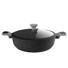 Faitout bas Polka Exclusive 28 Low Pot Wood&Rock. Diamètre de 28 cm, poignée en bakélite, aluminium forgé, revêtement anti-adhésif Teflon, convient pour un nettoyage au lave-vaisselle et pour tous types de cuisinières.