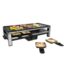 Cheese&Grill 12000 Inox Black. ‌Raclette de queijo e grill de 2000 W, grelha superior mista, acabamentos em aço inoxidável, placa antiaderente, 8 frigideiras individuais, design amovível