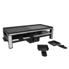 Cheese&Grill 12000 Inox Black. ‌Raclette de queijo e grill de 2000 W, grelha superior mista, acabamentos em aço inoxidável, placa antiaderente, 8 frigideiras individuais, design amovível