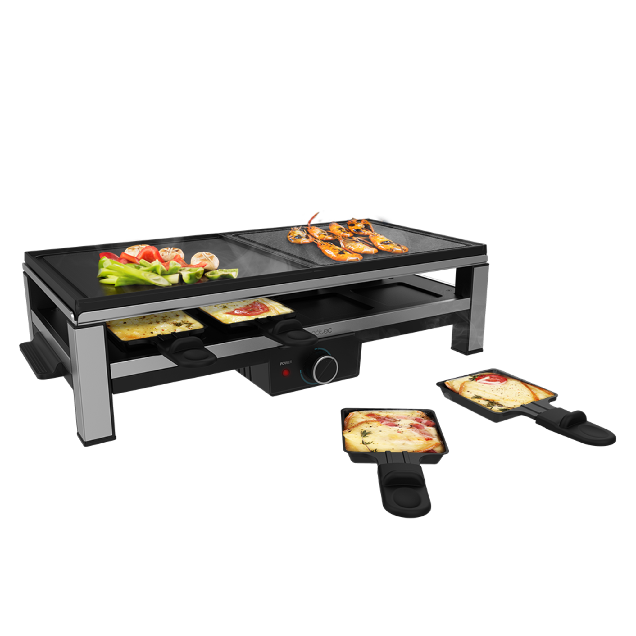 Raclette de Queso y grill Cheese&Grill 12000 Inox MixGrill. 2000 W, Parrilla superior con dos placas: Aluminio y Piedra, Acabados en acero inox, 8 sartenes individuales, Diseño extraíble