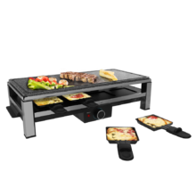 Raclette de Queso y grill Cheese&Grill 12000 Inox AllStone. 2000 W, Parrilla superior de piedra natural, Acabados en acero inoxidable, 8 sartenes individuales, Diseño extraíble