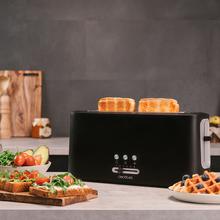 Toast&Taste 10000 Extra. ‌Torradeira vertical de 980 W, ranhura longa extralarga, 3 funções preconfiguradas, design de plástico com acabamentos em aço inoxidável, inclui suporte superior