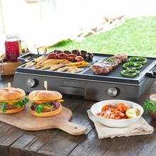 Barbecue électrique PerfectRoast 3000 Inox. 3000 W de puissance, surface de cuisson mixte avec revêtement antiadhésif Rockstone, thermostat réglable et plateau ramasse-graisses.