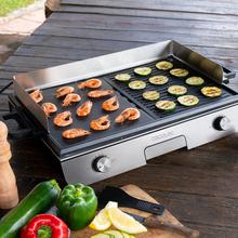 Barbecue électrique PerfectRoast 3000 Inox. 3000 W de puissance, surface de cuisson mixte avec revêtement antiadhésif Rockstone, thermostat réglable et plateau ramasse-graisses.