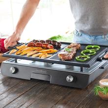 Barbecue électrique PerfectRoast 3000 Inox. 3000 W de puissance, surface de cuisson mixte avec revêtement antiadhésif Rockstone, thermostat réglable et plateau ramasse-graisses.