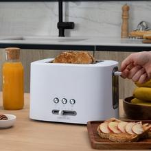 Toast&Taste 9000 Doppel-Toaster weiß. 980 W, 2 extrabreite kurze Schlitze, Aufwärm-, Auftau- und Abbruchfunktion, Kunststoff, Obere Stäbe, Weiß