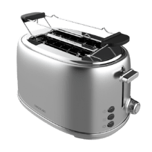 Toast&Taste 1000 Retro Double Inox Steel Toaster mit 2 kurzen, breiten Schlitzen und Platz für 2 Toasts.