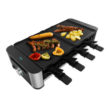 Appareil à raclette Cheese&Grill 16000 Inox Noir pour 8 personnes avec un grill de 1400 W. Avec une structure design avec des finitions en acier inoxydable, un thermostat réglable et une plaque de cuisson antiadhésive en fonte d'aluminium avec une surface mixte grill-fer. Comprend 8 petites poêles antiadhésives et 8 spatules en bois.