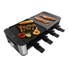 Cheese&Grill 16000 Inox Mixgrill Raclettegerät für 8 Personen mit einem 1400-W-Grill. Mit einer Designstruktur mit Edelstahloberflächen, einstellbarem Thermostat und zwei Grillplatten, eine aus Aluminiumguss mit Antihaftbeschichtung und die andere aus Naturstein. Enthält 8 kleine antihaftbeschichtete Pfannen und 8 Holzspatel.