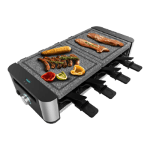 Macchina per raclette Cheese&Grill 16000 Inox Allstone per 8 persone con grill da 1400 W. Con struttura di design con finiture in acciaio inossidabile, termostato regolabile e piastra in pietra naturale con superficie piana in ferro. Include 8 padelle piccole antiaderenti e 8 spatole in legno.