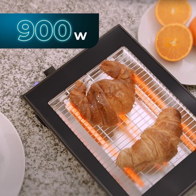 Tostapane orizzontale piatto a tre resistenze con 900 W per tutti i tipi di pane o pasticceria, 6 livelli di potenza e cassettino raccoglibriciole facilmente rimovibile.