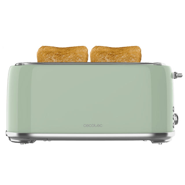 Toast&Taste 1600 Retro Double Green Torradeira de aço com 2 fendas largas e compridas com capacidade para 4 fatias.