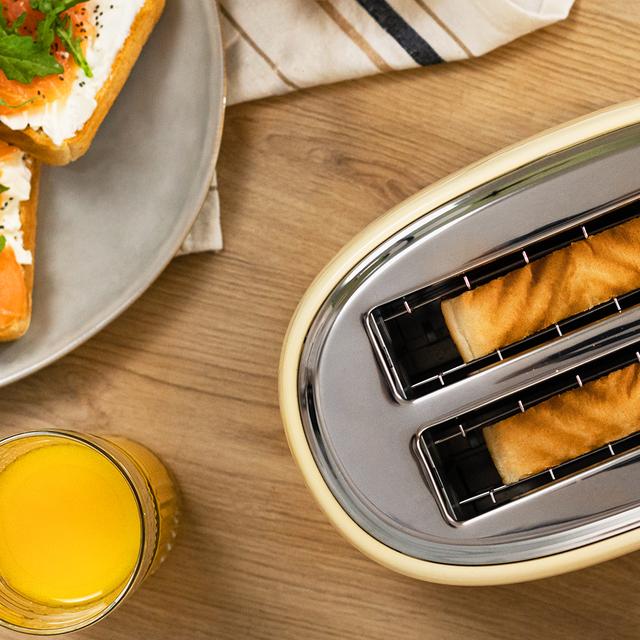 Grille-pain Toast&Taste 1000 Retro Double Beige en acier avec 2 fentes larges et courtes, et capacité pour 2 tranches de pain.