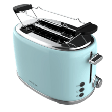 Toast&Taste 1000 Retro Double Blue Toaster aus Stahl mit 2 kurzen, breiten Schlitzen und Kapazität für 2 Toasts.