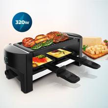 Cheese&Grill 3200 Pocket Máquina de raclette para 2 personas con grill de 320 W. Con estructura de diseño con acabados en acero inoxidable, botón de encendido y apagado, y placa de asar antiadherente con superficie de grill. Incluye 2 sartenes pequeñas antiadherentes y 1 espátula de madera.