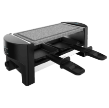 Raclette Cheese&Grill 3200 Pocket AllStone Máquina de raclette para 2 pessoas com grelhador de 320 W. Com estrutura de design com acabamento em aço inoxidável, botão Ligar/Desligar e placa de grelhar em pedra. Inclui 2 mini-frigideiras antiaderentes e 1 espátula de madeira.