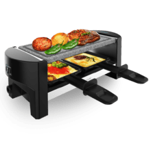 Raclette Cheese&Grill 3200 Pocket AllStone Raclettegerät für 2 Personen mit 320 W Grill. Mit Design-Struktur mit Edelstahl-Finish, Ein / Aus-Taste und Stein Grillplatte. Enthält 2 kleine antihaftbeschichtete Bratpfannen und 1 Holzspatel.