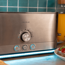 Shine&Toast Extra Tostador vertical de acero con ranura larga y anillo luminoso con capacidad para 2 tostadas.