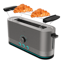 Shine&Toast Extra Tostapane verticale in acciaio con doppia fessura corta e spia ad anello, con capacità per 4 toast.