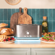 Shine&Toast Extra Double Tostador vertical de acero con doble ranura larga y anillo luminoso con capacidad para 4 tostadas.