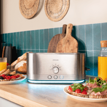 Shine&Toast Extra Double Tostador vertical de acero con doble ranura larga y anillo luminoso con capacidad para 4 tostadas.