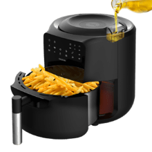 Cecofry Rain Freidora sin aceite airfryer de 5,5 L con spray de aceite incorporado, pulverización automática y manual con 7 niveles. Tecnología avanzada de aire caliente, 1550 W, panel de control táctil multifunción, termostato regulable, función de autolimpieza, 8 menús preconfigurados y rejilla de seguridad.